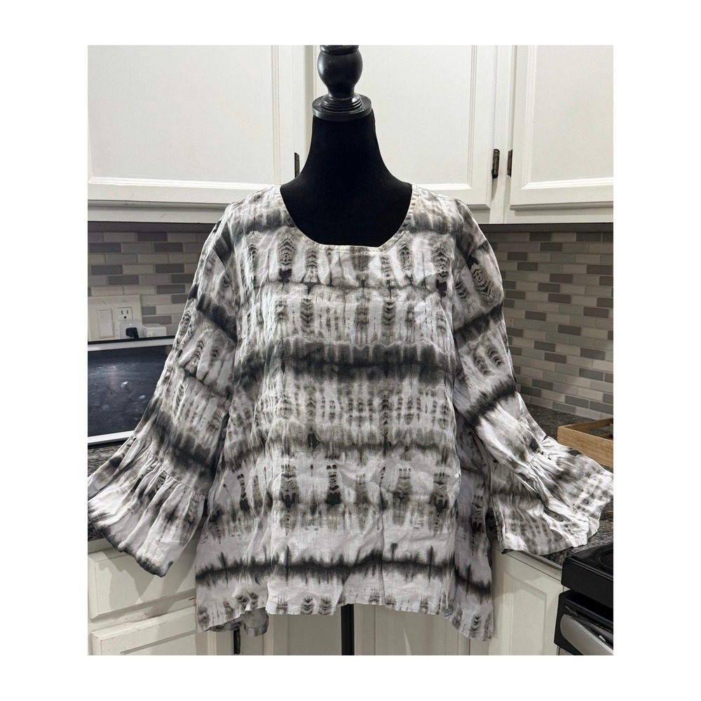 Bryn Walker Grey White Tie Dye Linen Ruffle Sleeve Tunic Top Made in USA Large
